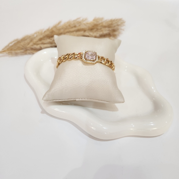 Bracelete Aro aberto Corrente com Cristal Semijoia Ouro